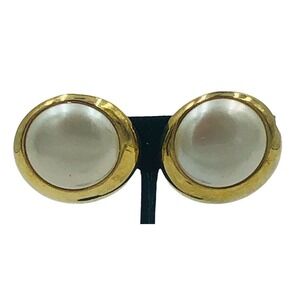 Marvella Faux Pearl Cabochon Style Clip On Earrings Gold Tone Chunky Vintage